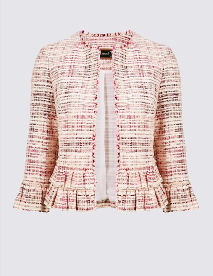 Marks & Spencer Cotton Blend Textured Ruffle Blazer Pink Mix