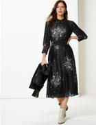 Marks & Spencer Floral Print Long Sleeve Waisted Midi Dress Black Mix