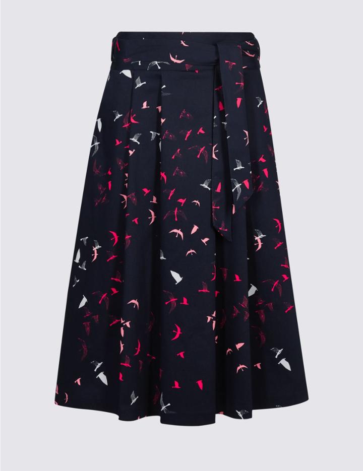 Marks & Spencer Cotton Rich Bird Print Full Midi Skirt Navy Mix