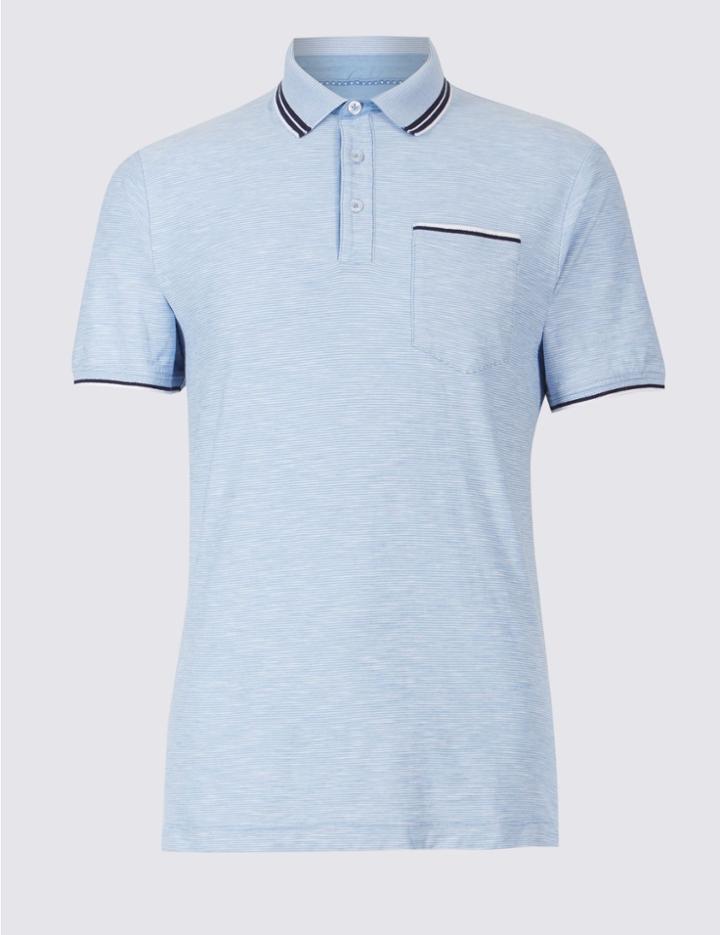 Marks & Spencer Slim Fit Pure Cotton Striped Polo Shirt Blue Mix
