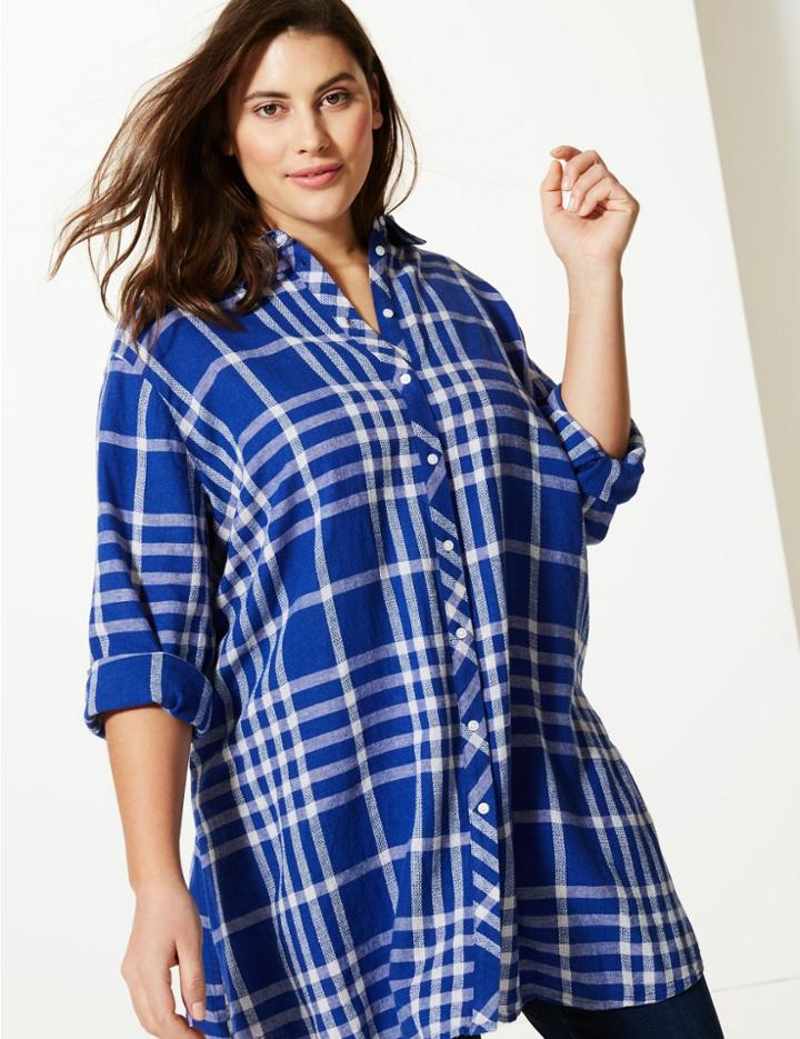 Marks & Spencer Curve Checked Long Sleeve Shirt Blue Mix