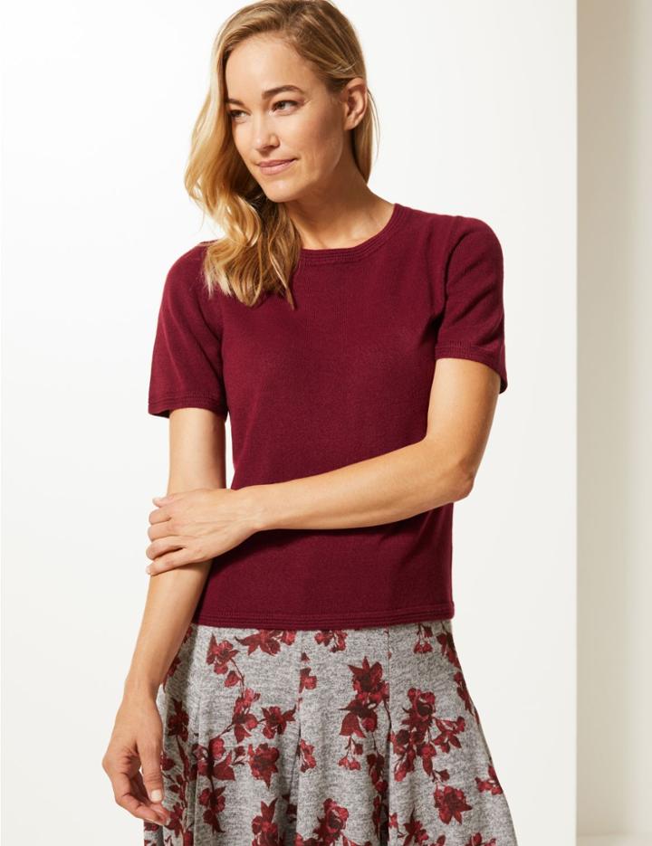 Marks & Spencer Round Neck Short Sleeve Jumper Dark Red
