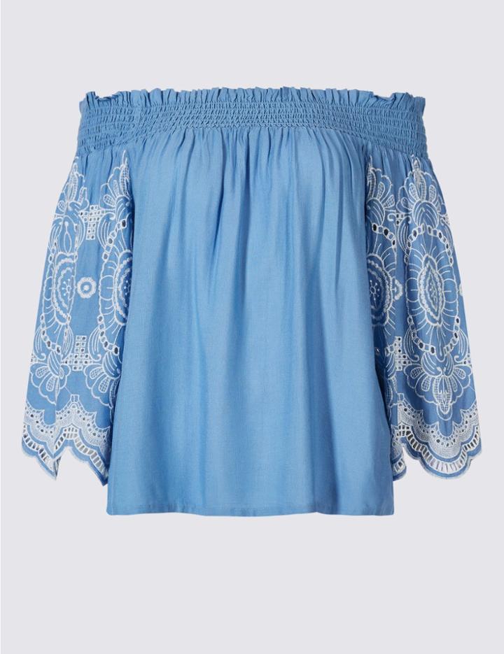 Marks & Spencer Embroidered 3/4 Sleeve Bardot Top Chambray