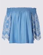 Marks & Spencer Embroidered 3/4 Sleeve Bardot Top Chambray