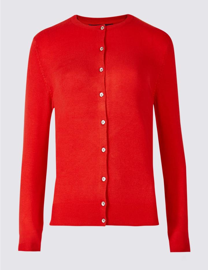 Marks & Spencer Ribbed Round Neck Cardigan Lacquer Red