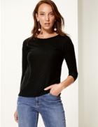 Marks & Spencer Textured Round Neck 3/4 Sleeve Top Black