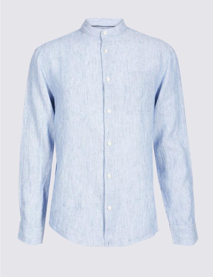 Marks & Spencer Easy Care Pure Linen Shirt With Pocket Chambray