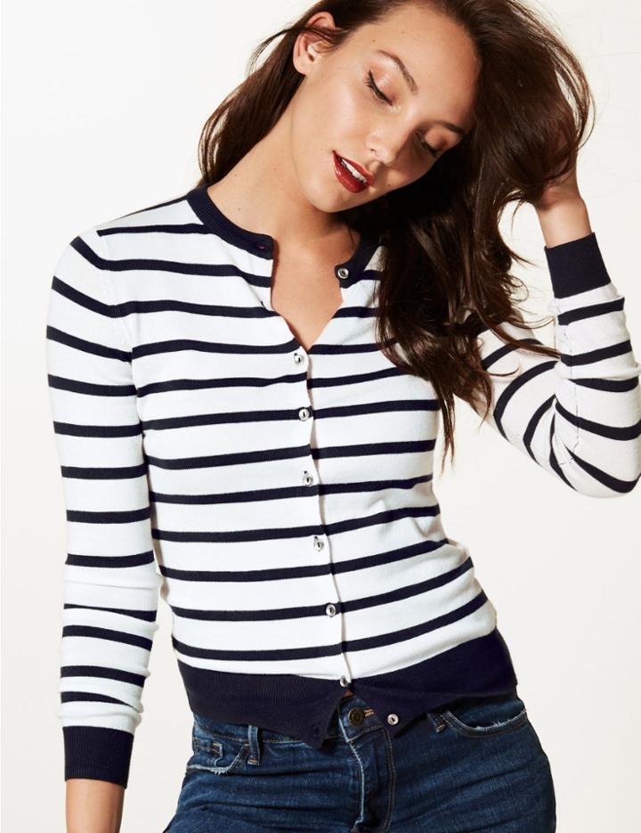 Marks & Spencer Striped Round Neck Cardigan Navy Mix