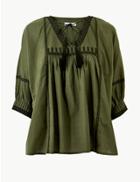 Marks & Spencer Pure Cotton Embroidered 3/4 Sleeve Blouse Khaki Mix