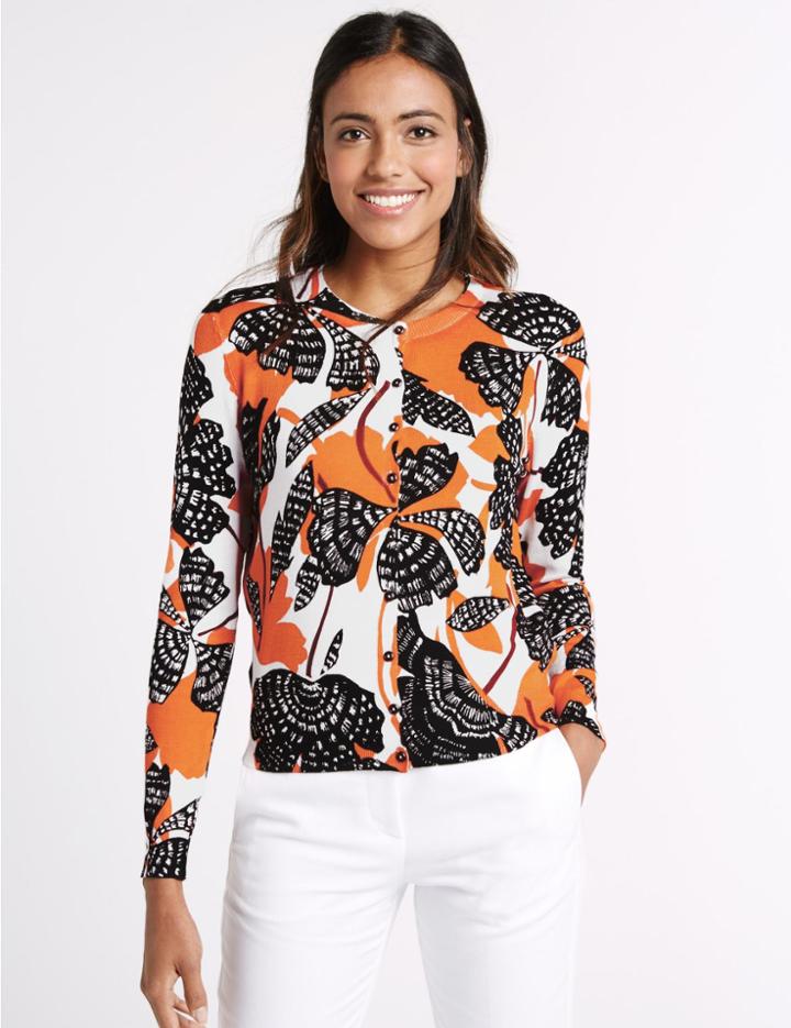 Marks & Spencer Floral Print Round Neck Cardigan Orange Mix