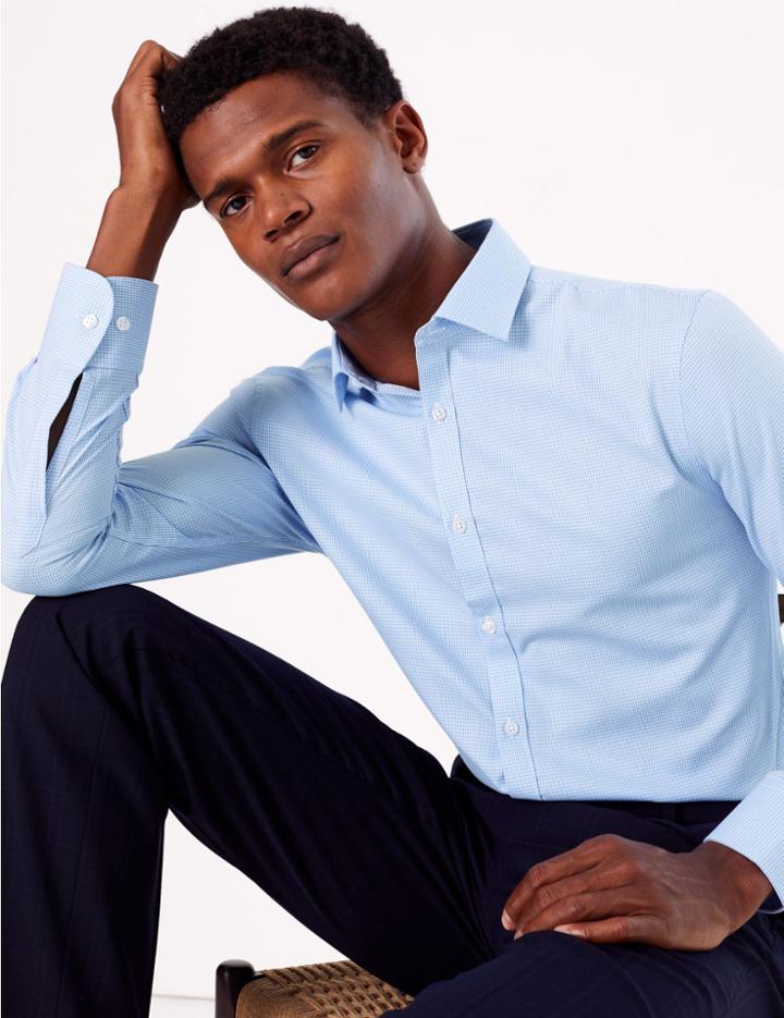 Marks & Spencer Cotton Blend Skinny Fit Shirt Blue Mix