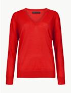 Marks & Spencer Pure Merino Wool Relaxed Fit V-neck Jumper Bright Red