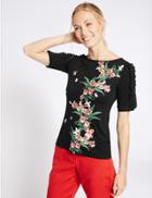 Marks & Spencer Floral Print Ruffle Sleeve T-shirt Black Mix