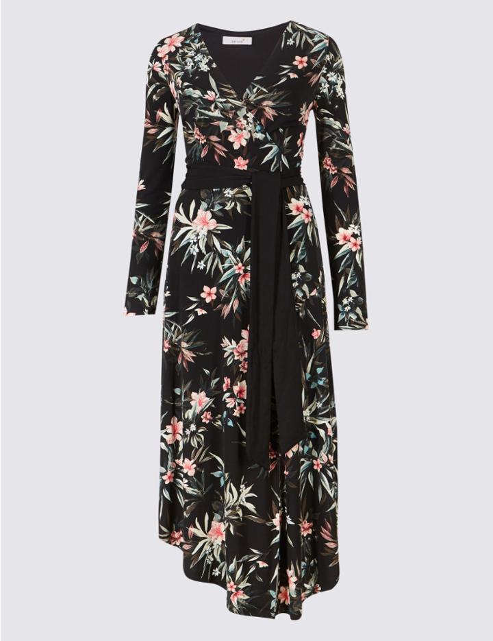 Marks & Spencer Floral Print Long Sleeve Wrap Maxi Dress Black Mix