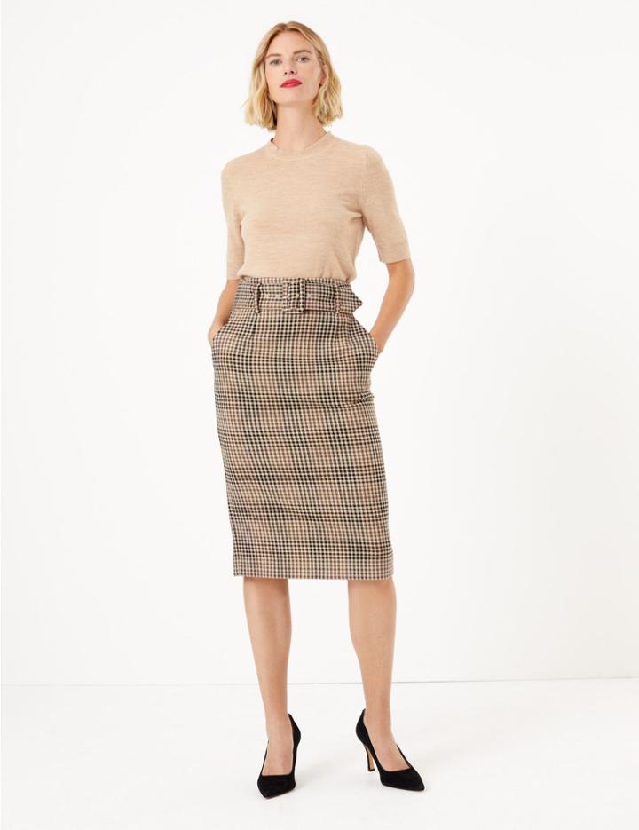 Marks & Spencer Belted Checked Midi Pencil Skirt Natural Mix