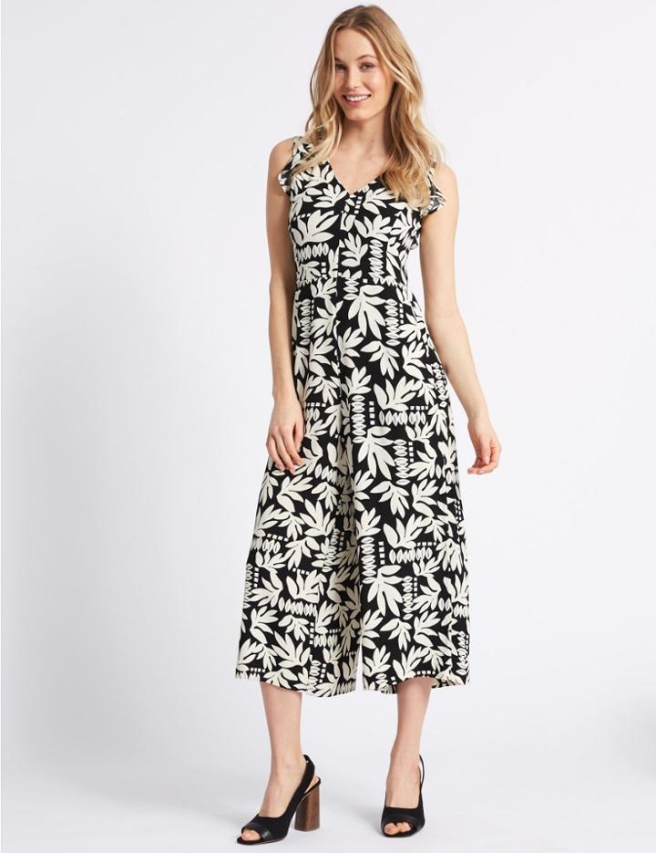 Marks & Spencer Floral Print Crepe Frill Jumpsuit Black