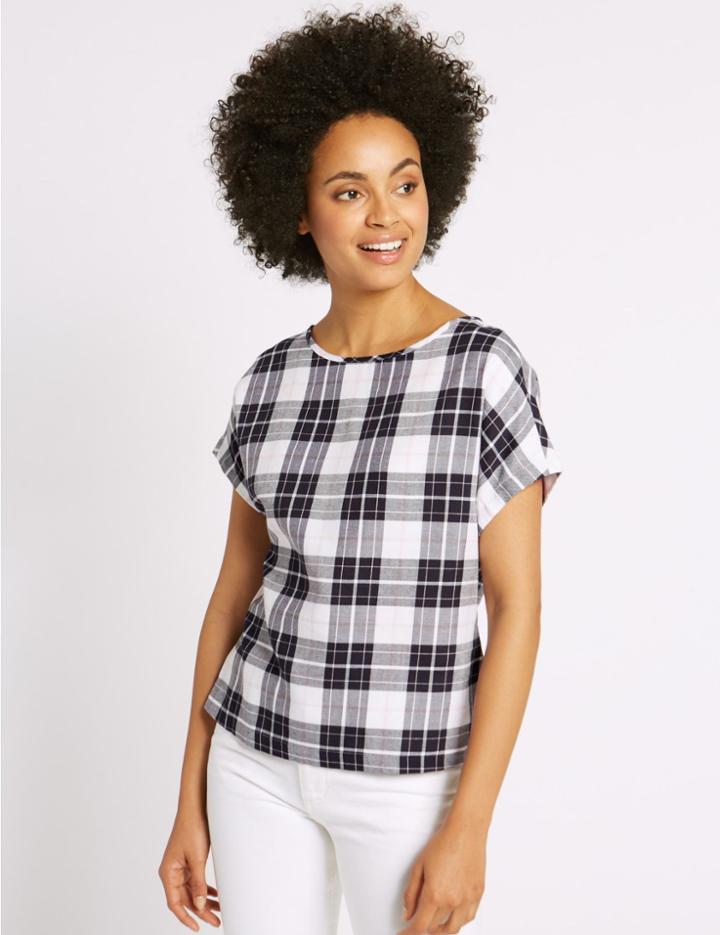 Marks & Spencer Modal Blend Checked Tie Back Shell Top Blue Mix