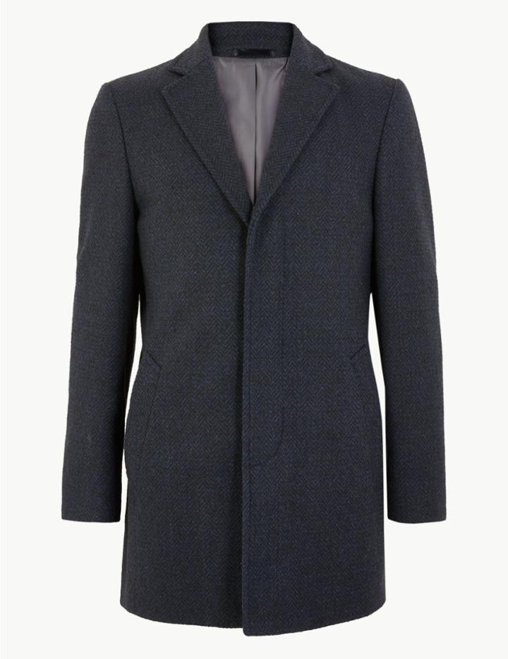 Marks & Spencer Textured Wool Blend Overcoat Blue Mix