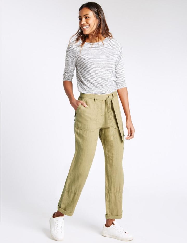 Marks & Spencer Pure Linen Cargo Trousers Dark Caramel