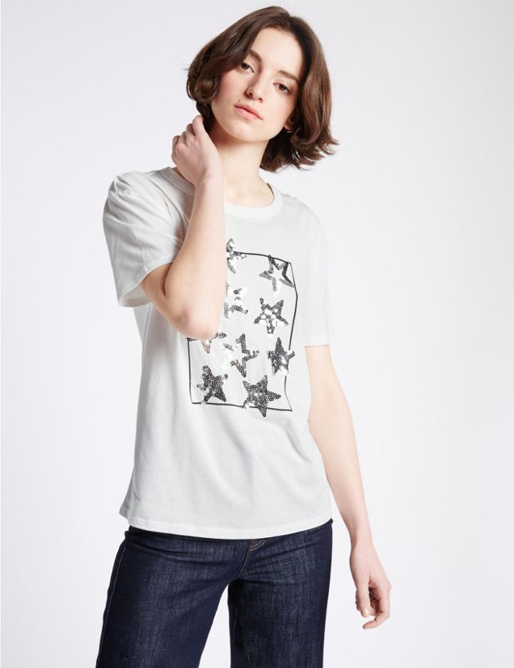 Marks & Spencer Modal Blend Sequin Short Sleeve T-shirt Ivory Mix
