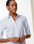 Marks & Spencer Cotton Rich Button Detailed Striped Shirt Pale Blue Mix