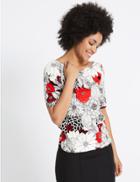 Marks & Spencer Floral Print Slash Neck Half Sleeve T-shirt Red Mix