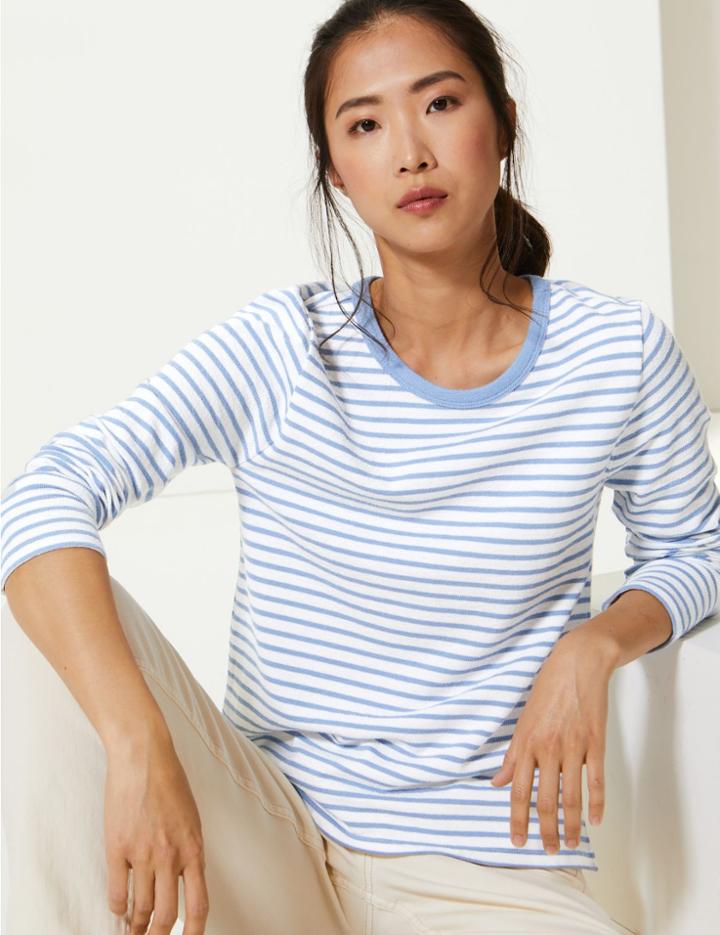 Marks & Spencer Pure Cotton Striped Regular Fit Sweatshirt Chambray Mix