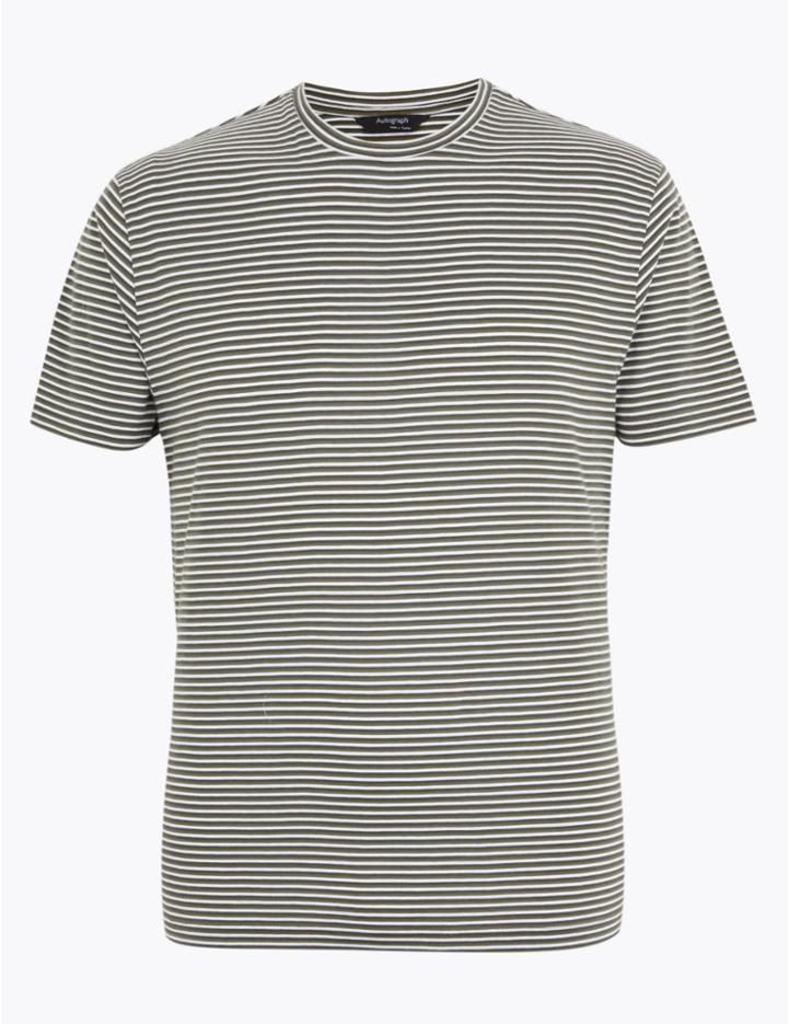 Marks & Spencer Supima Cotton Striped Crew Neck T-shirt Khaki