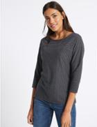 Marks & Spencer Cotton Rich Striped &frac34; Sleeve T-shirt Navy Mix