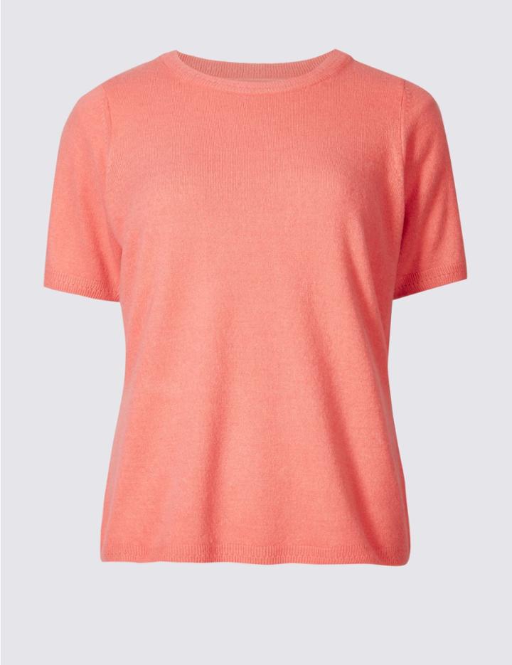 Marks & Spencer Ribbed Hem Short Sleeve Jumper Light Coral