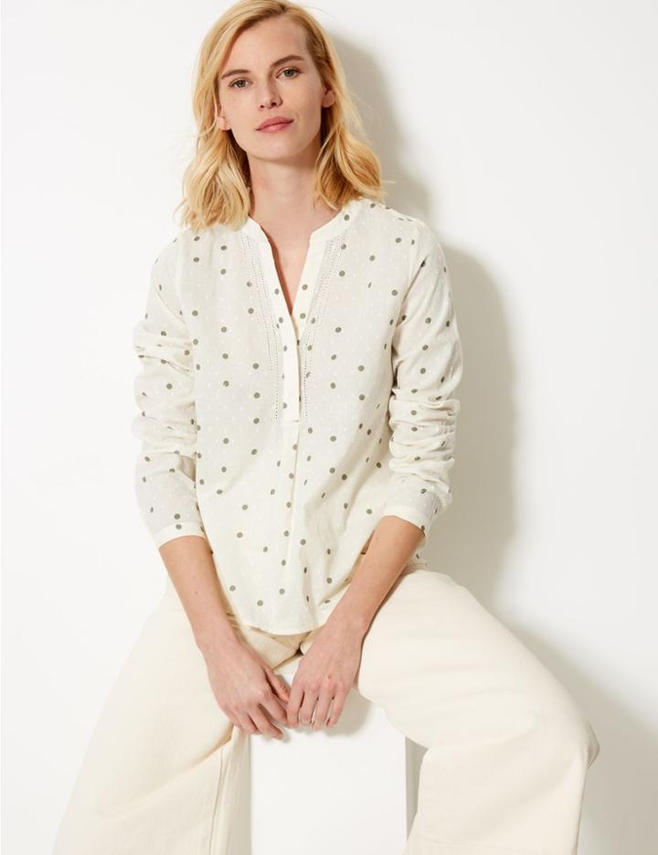 Marks & Spencer Pure Cotton Polka Dot Long Sleeve Blouse Ivory Mix