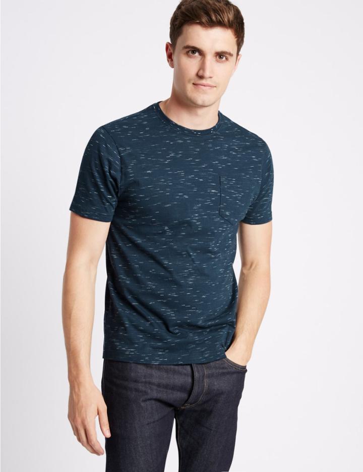 Marks & Spencer Cotton Rich Slim Fit Crew Neck T-shirt Denim Mix