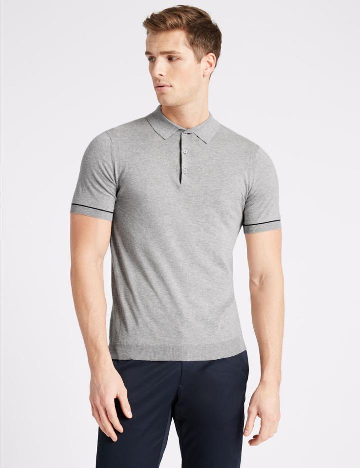 Marks & Spencer Supima&reg; Cotton Short Sleeve Knitted Polo Shirt Oatmeal