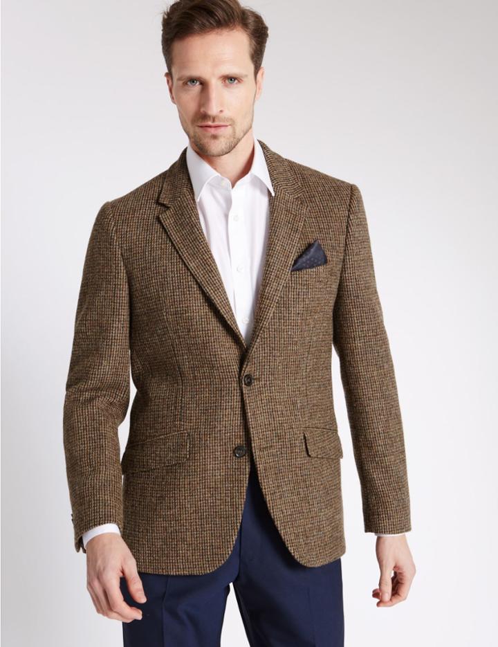 Marks & Spencer Pure Wool Tailored Fit Jacket Brown Mix