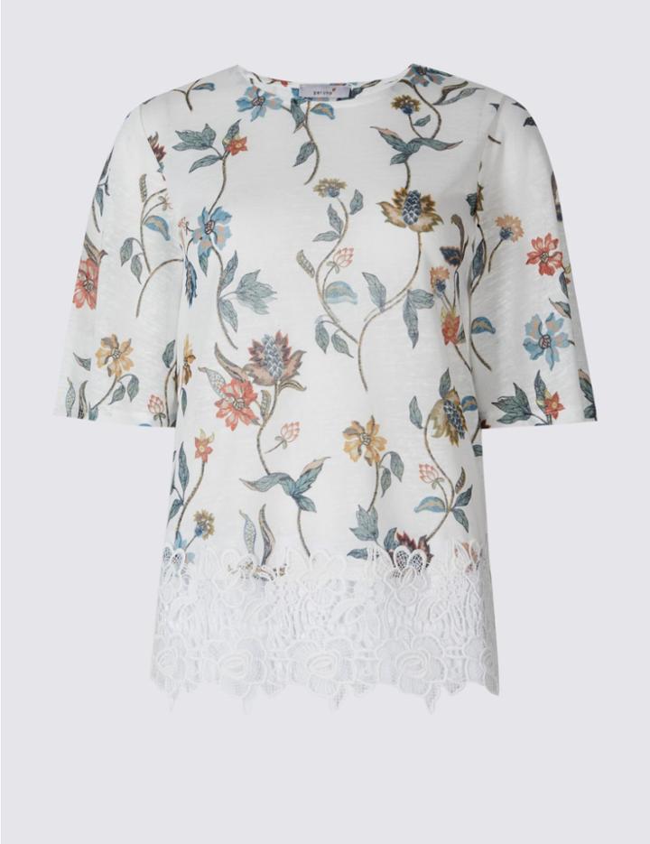 Marks & Spencer Floral Print Lace Insert T-shirt White Mix