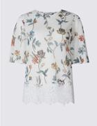 Marks & Spencer Floral Print Lace Insert T-shirt White Mix