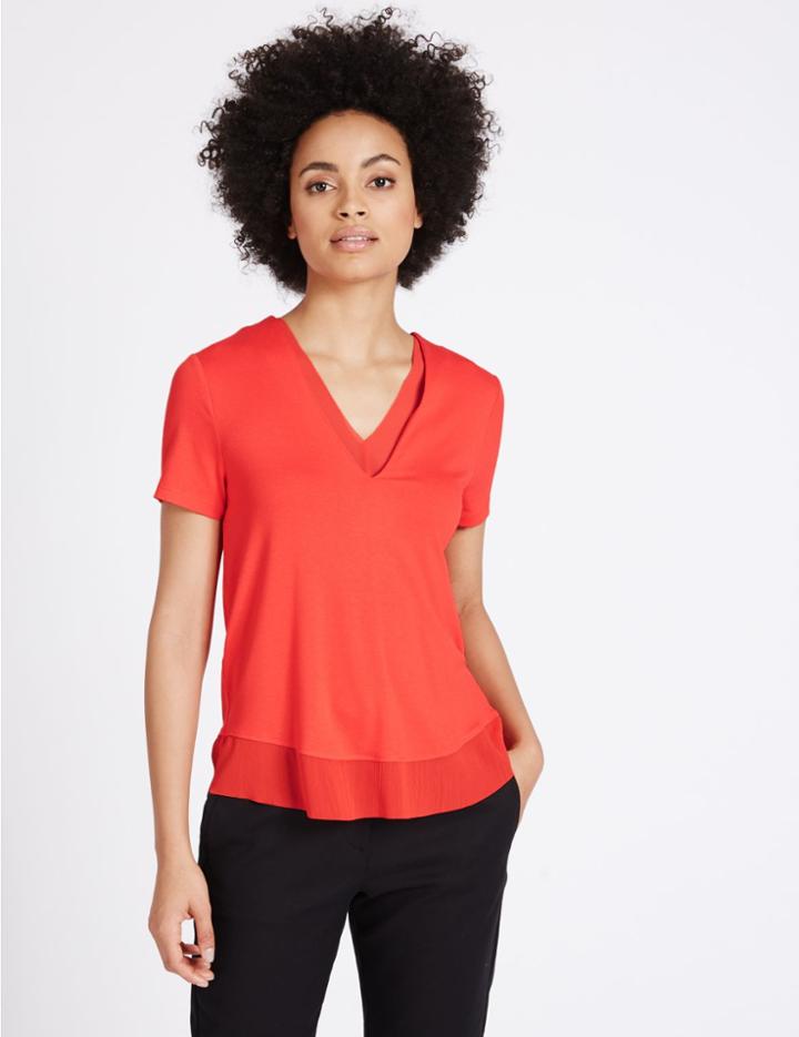 Marks & Spencer Lace Neckline Short Sleeve Jersey Top Orange