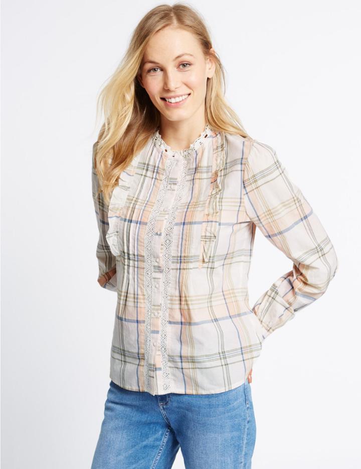 Marks & Spencer Pure Cotton Vintage Long Sleeve Blouse Pink Mix