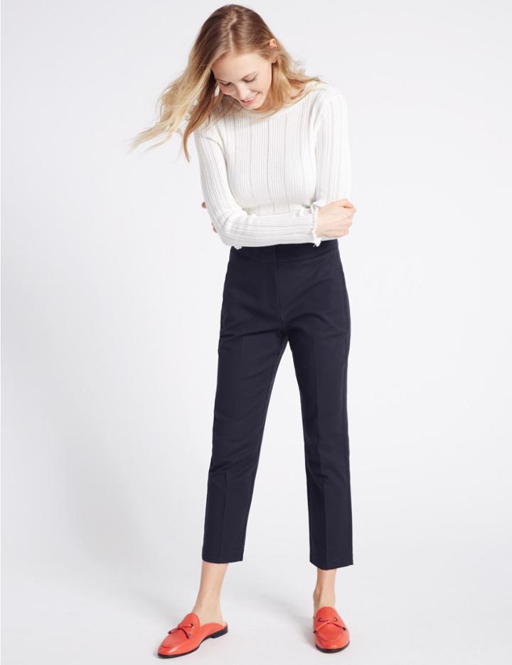 Marks & Spencer Cotton Rich Slim Leg Cropped Trousers Navy