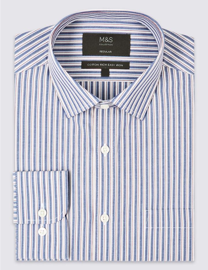 Marks & Spencer Cotton Rich Regular Fit Shirt With Pocket Blue Mix
