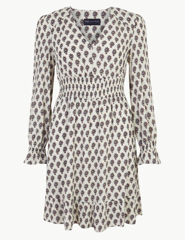 Marks & Spencer Petite Frill Detail Waisted Dress Ivory Mix