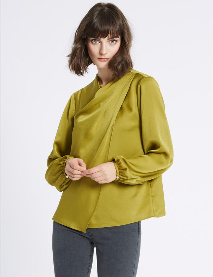 Marks & Spencer Round Neck Long Sleeve Shell Top Verdigris