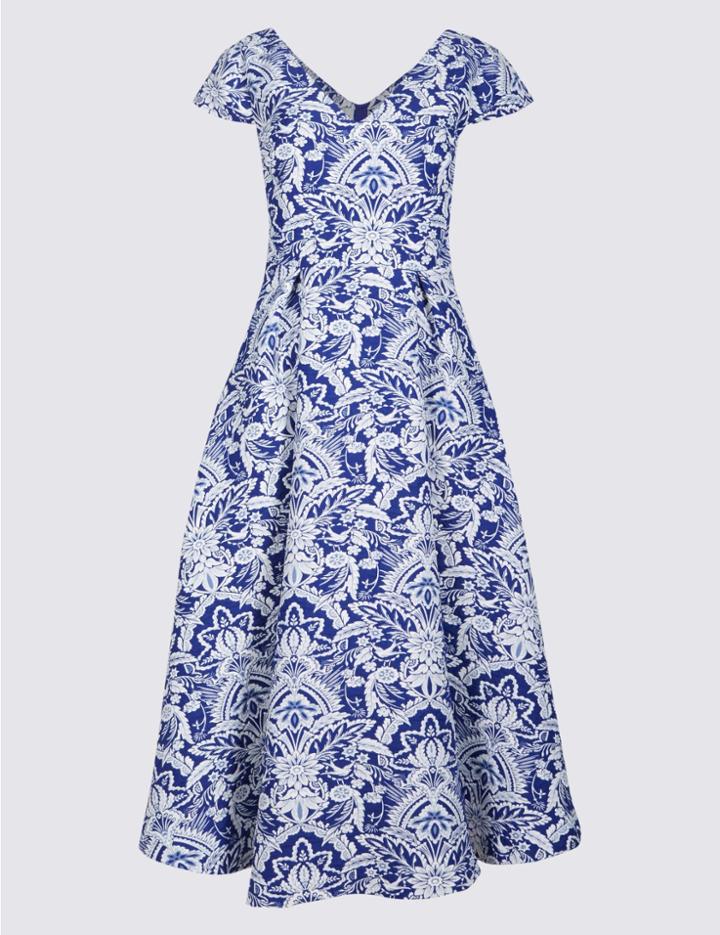 Marks & Spencer Jacquard Floral Print Skater Midi Dress Blue Mix
