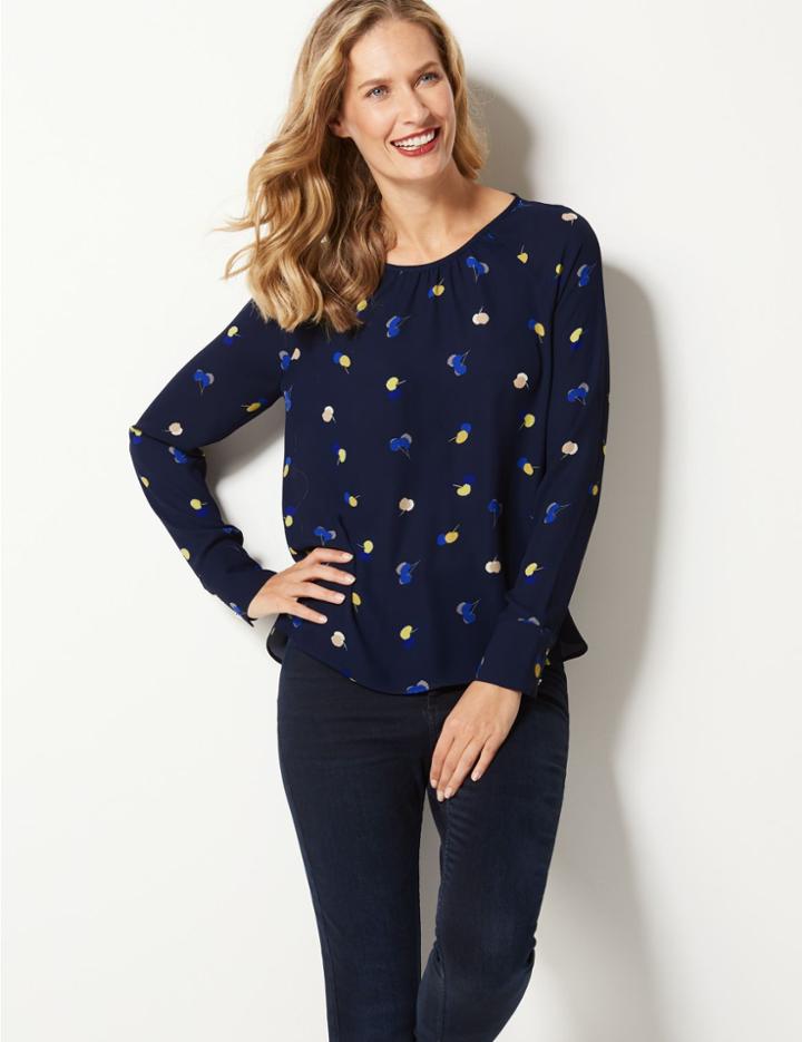 Marks & Spencer Printed Round Neck Long Sleeve Blouse Navy Mix