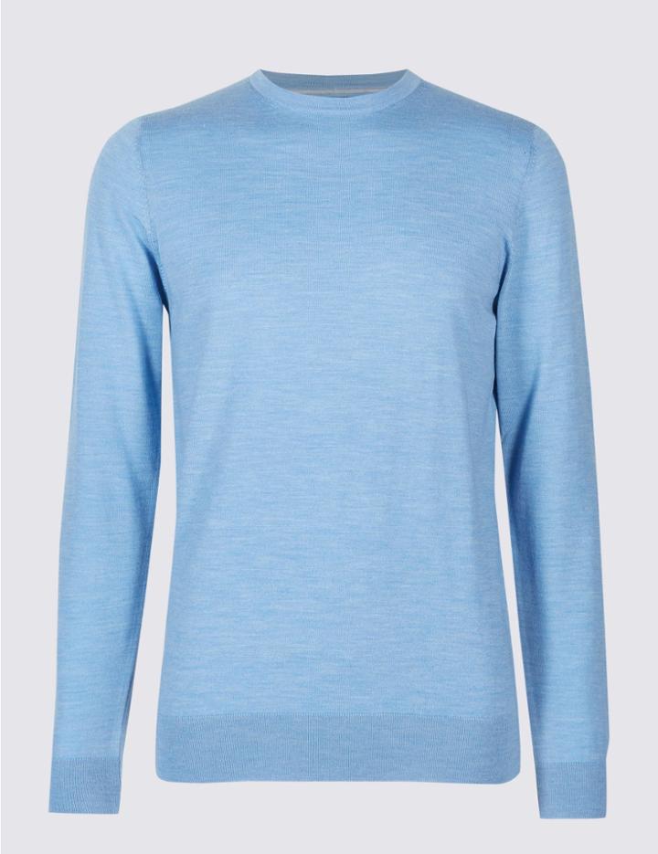 Marks & Spencer Pure Merino Wool Crew Neck Jumper Ice Blue