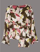 Marks & Spencer Floral Print V-neck Long Sleeve Blouse Khaki Mix