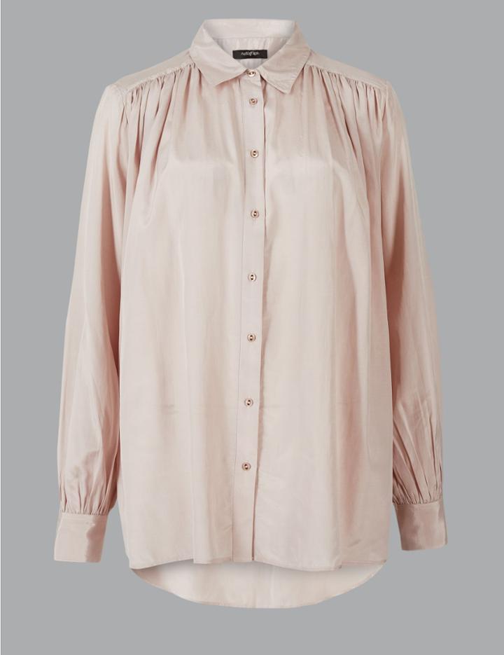 Marks & Spencer Cotton Blend Long Sleeve Shirt Almond