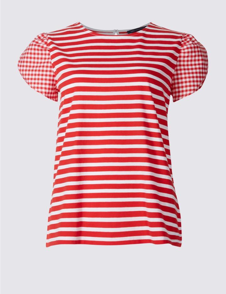 Marks & Spencer Pure Cotton Striped Gingham Sleeve T-shirt Red Mix