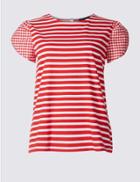 Marks & Spencer Pure Cotton Striped Gingham Sleeve T-shirt Red Mix