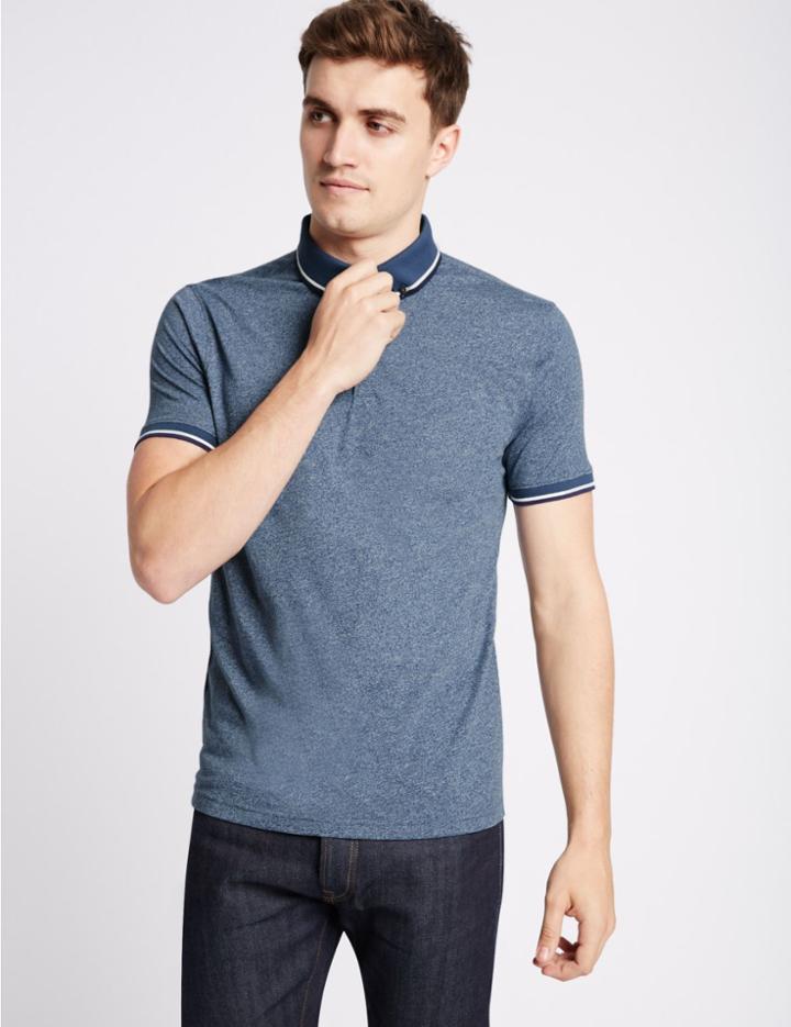 Marks & Spencer Cotton Blend Textured Polo Shirt Denim Mix